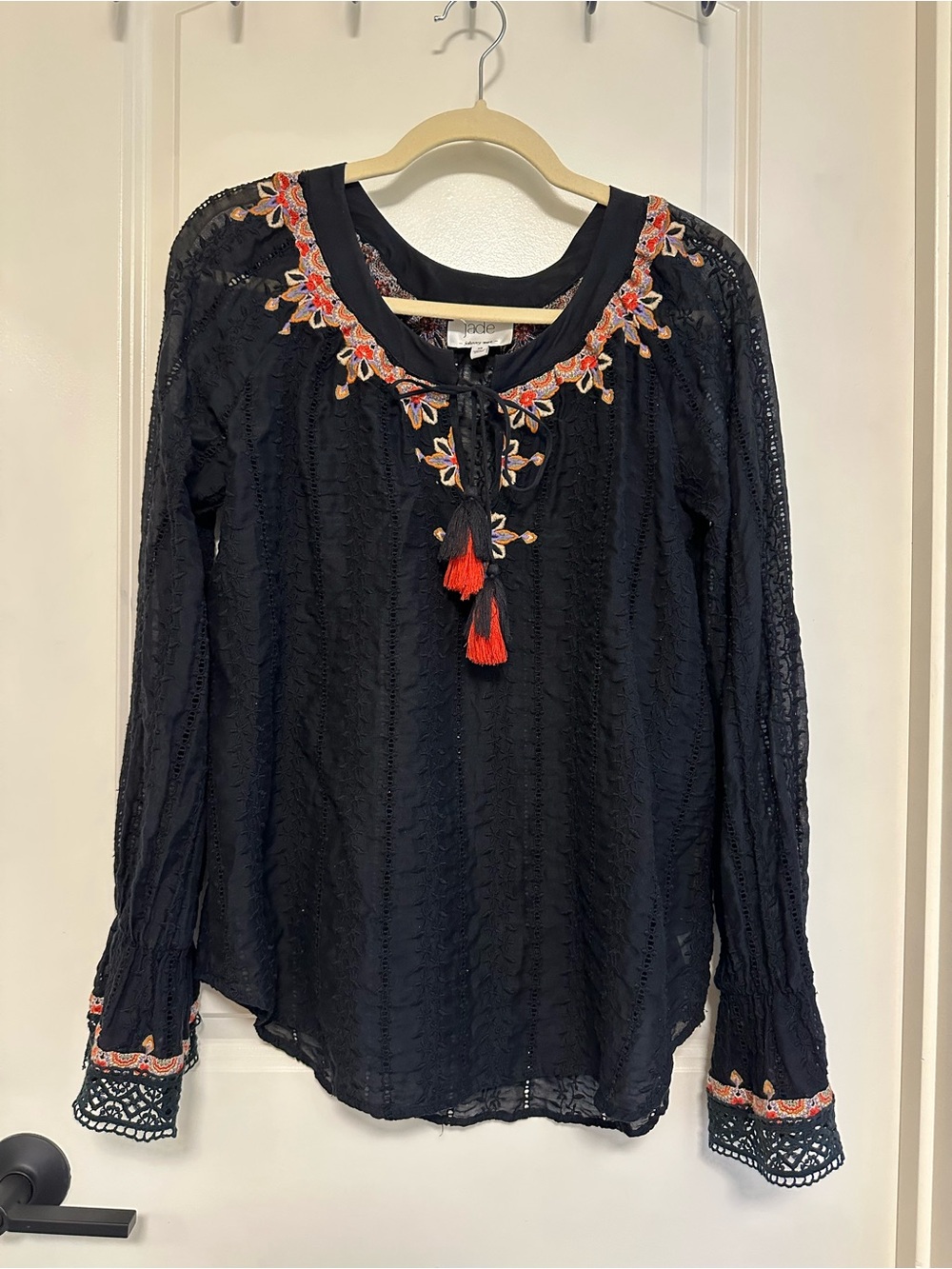 Johnny Was Embroidered Long Sleeve Black Silk Blend Blouse Tassel Size XS